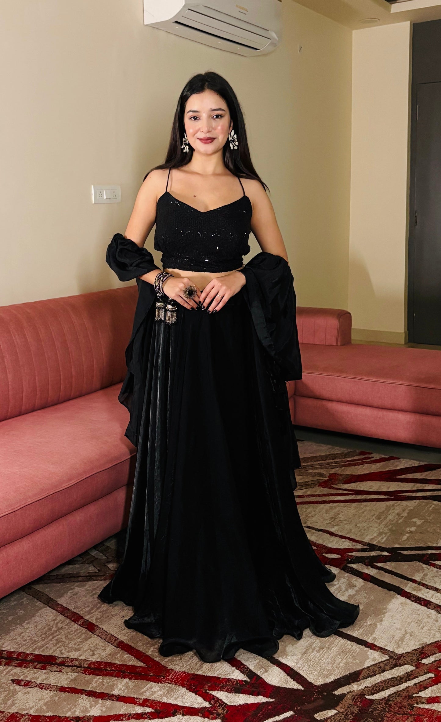 Lorenvalley Fashion Black Fendy Satin crush with Plain Lehenga Choli with Dupatta - Swadesiicart