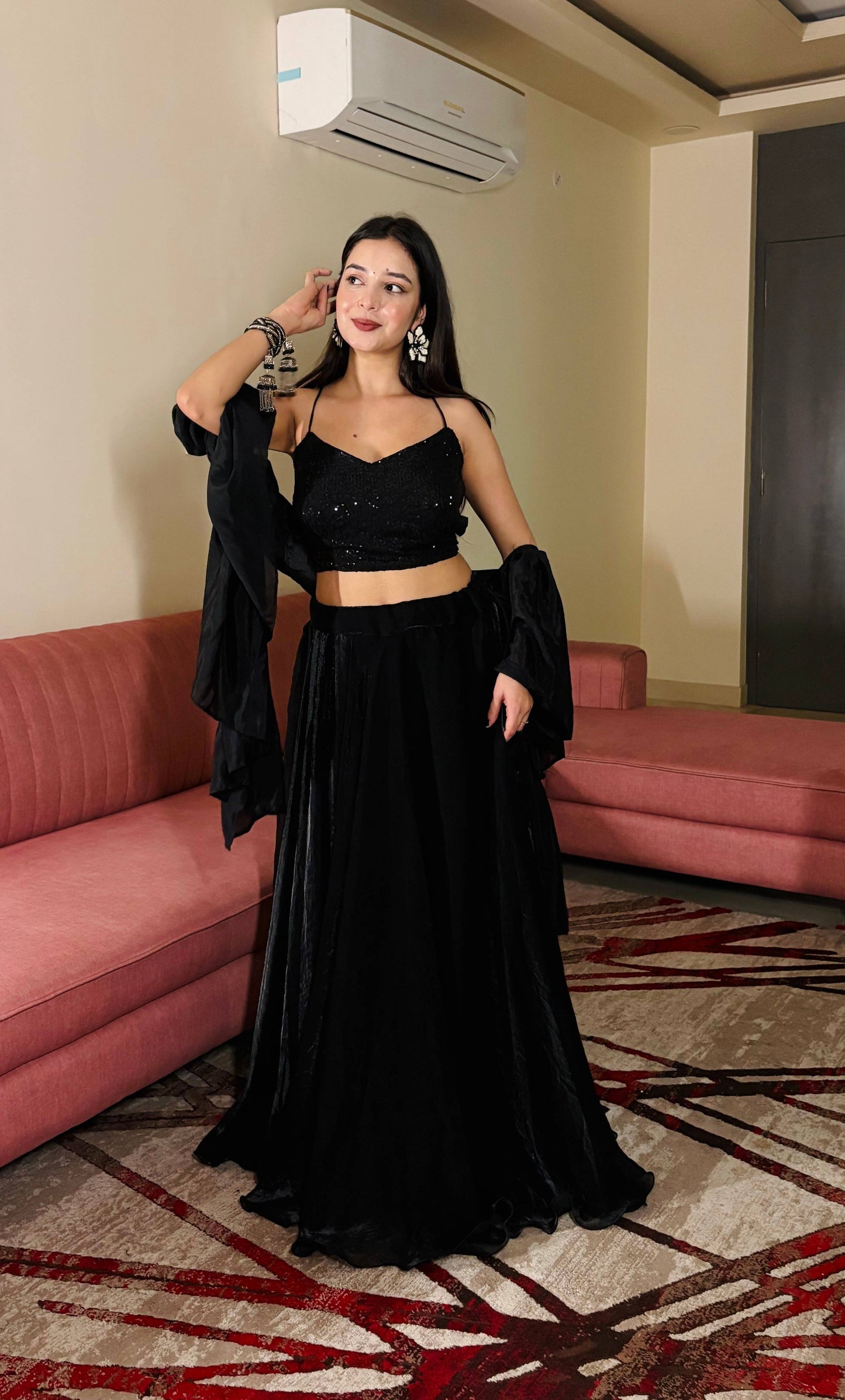 Lorenvalley Fashion Black Fendy Satin crush with Plain Lehenga Choli with Dupatta - Swadesiicart