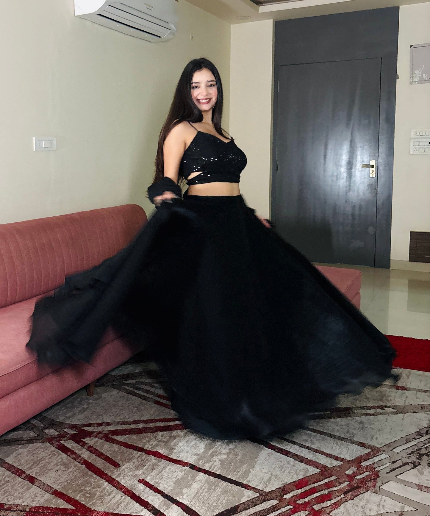 Lorenvalley Fashion Black Fendy Satin crush with Plain Lehenga Choli with Dupatta - Swadesiicart