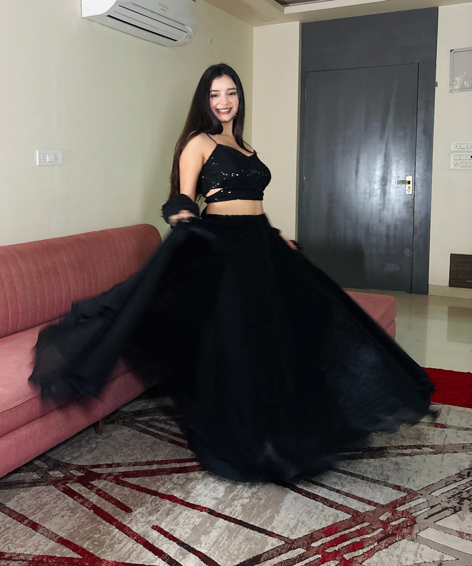Lorenvalley Fashion Black Fendy Satin crush with Plain Lehenga Choli with Dupatta - Swadesiicart
