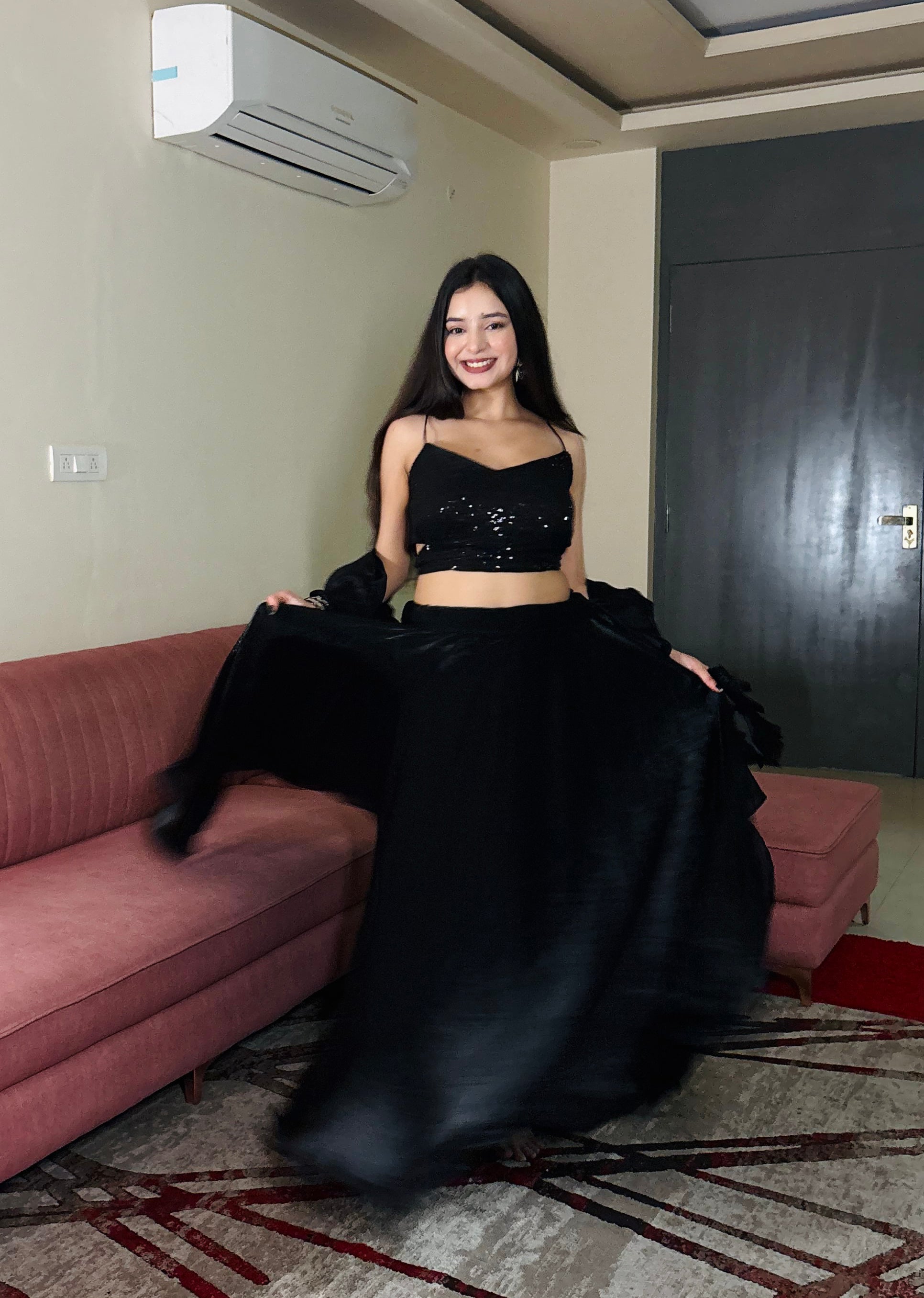 Lorenvalley Fashion Black Fendy Satin crush with Plain Lehenga Choli with Dupatta - Swadesiicart