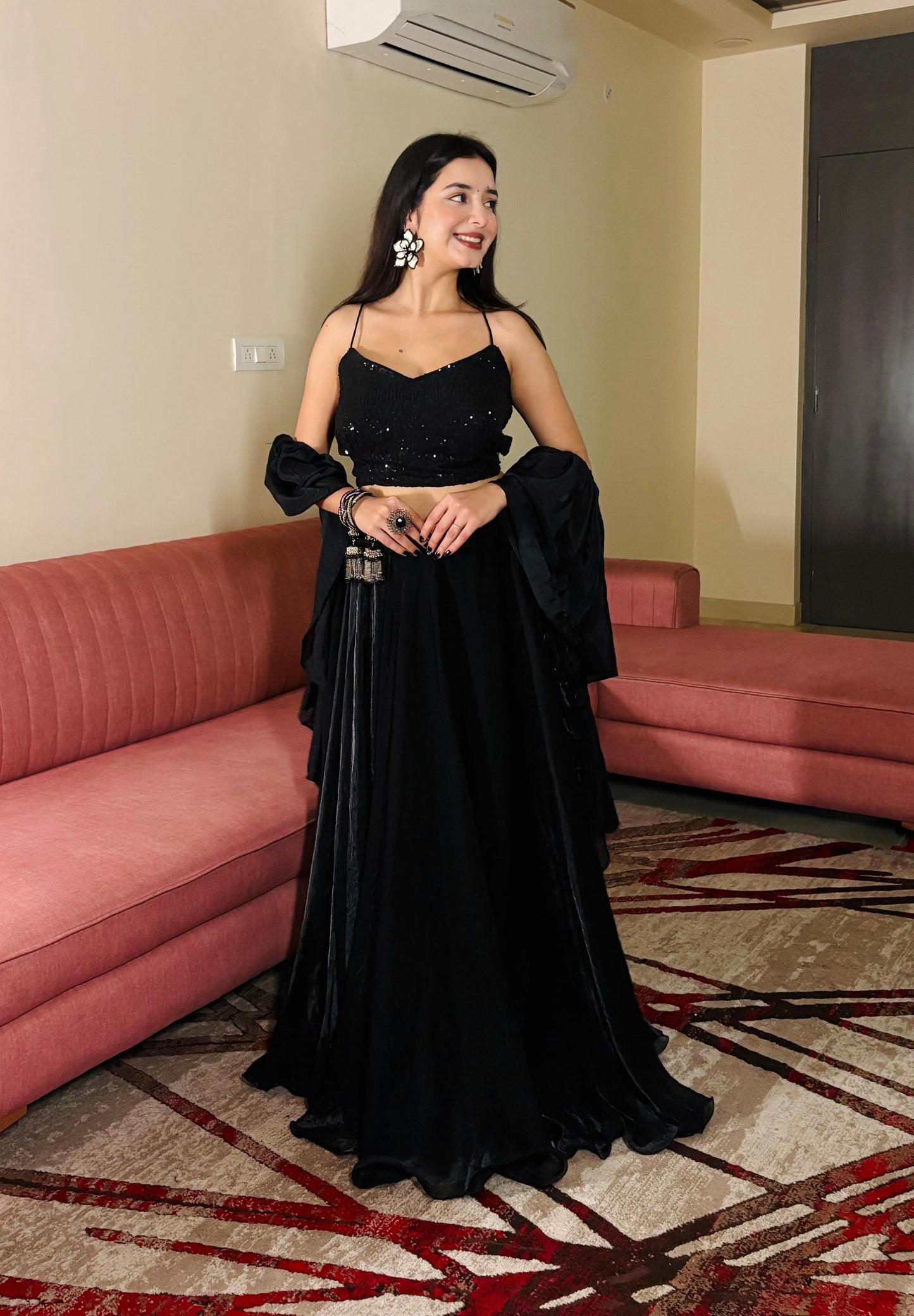 Lorenvalley Fashion Black Fendy Satin crush with Plain Lehenga Choli with Dupatta - Swadesiicart