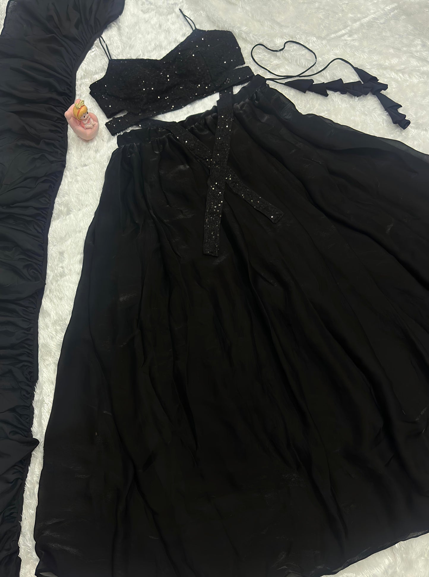 Lorenvalley Fashion Black Fendy Satin crush with Plain Lehenga Choli with Dupatta - Swadesiicart