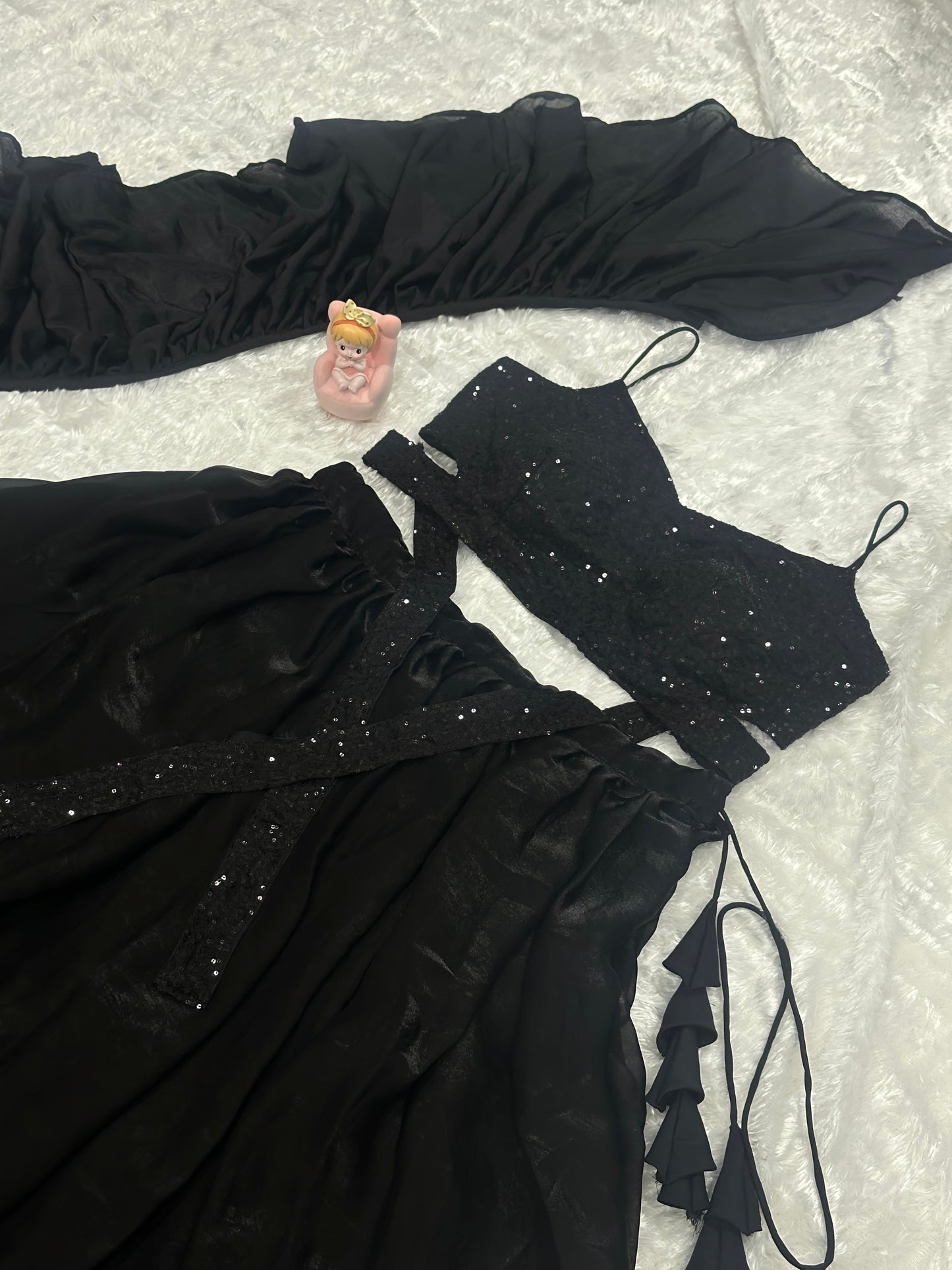 Lorenvalley Fashion Black Fendy Satin crush with Plain Lehenga Choli with Dupatta - Swadesiicart