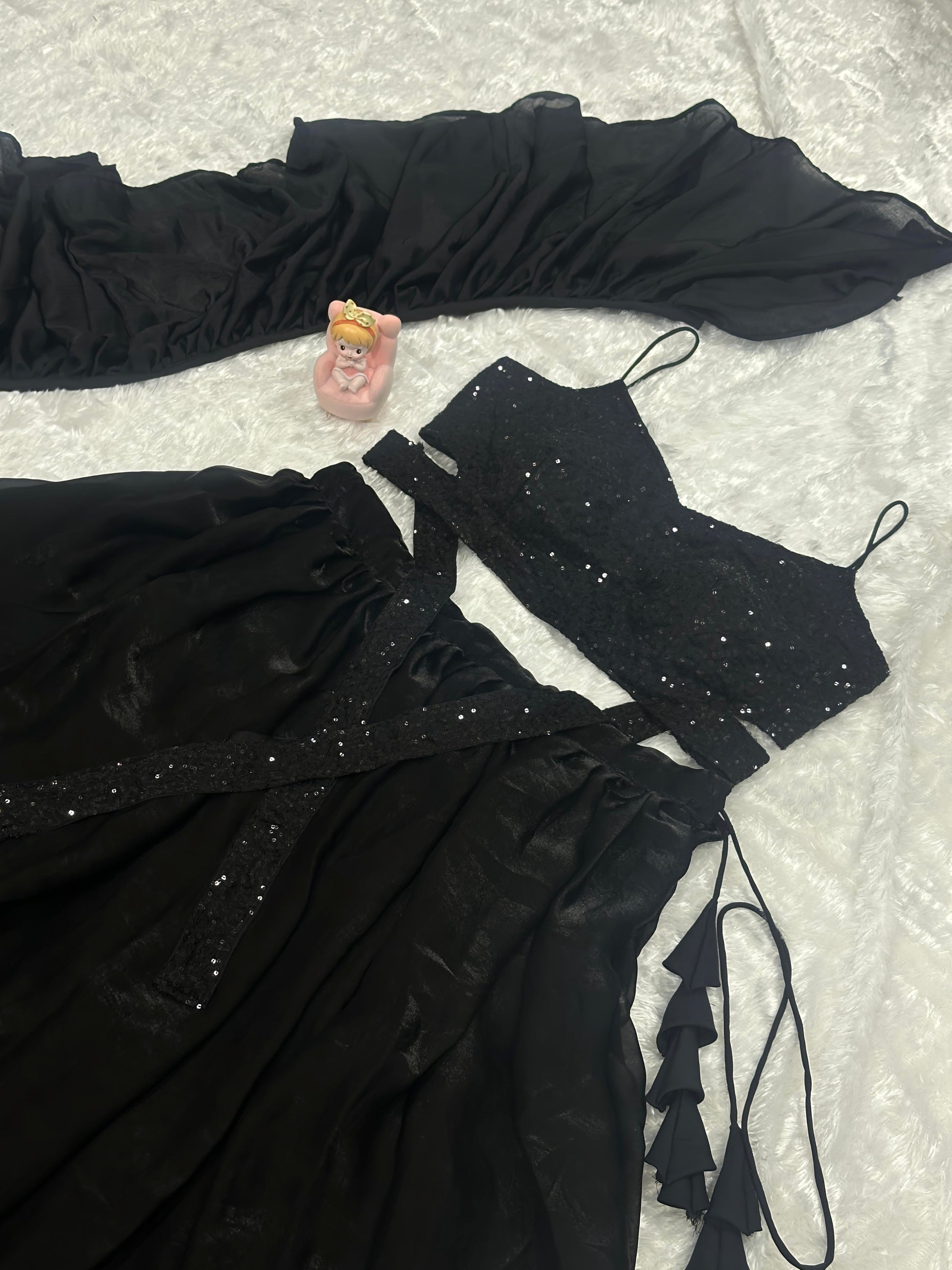 Lorenvalley Fashion Black Fendy Satin crush with Plain Lehenga Choli with Dupatta - Swadesiicart