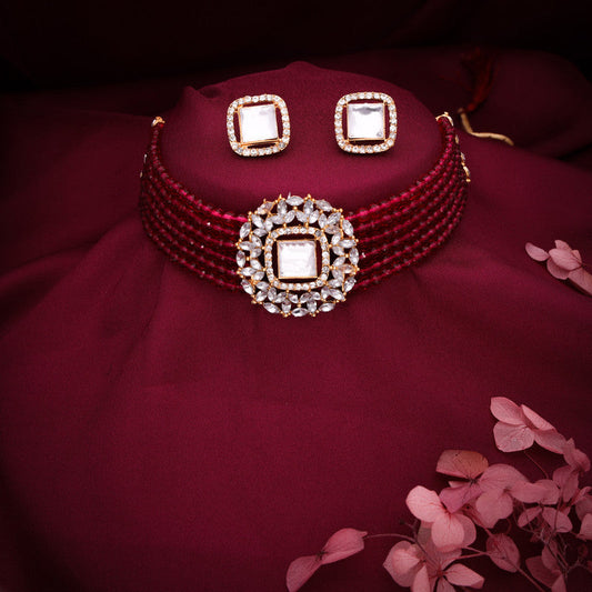 Tehzeeb Creations Brass Gold-Polished Gold, Red, White Jewel Set - Swadesiicart