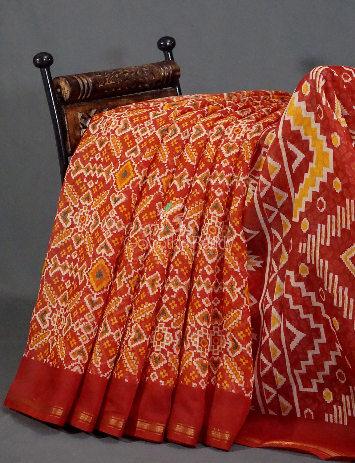 Red Colored Patola Print Semi Chanderi Saree By Gayathri Reddy Designer Studio | Swadesiicart