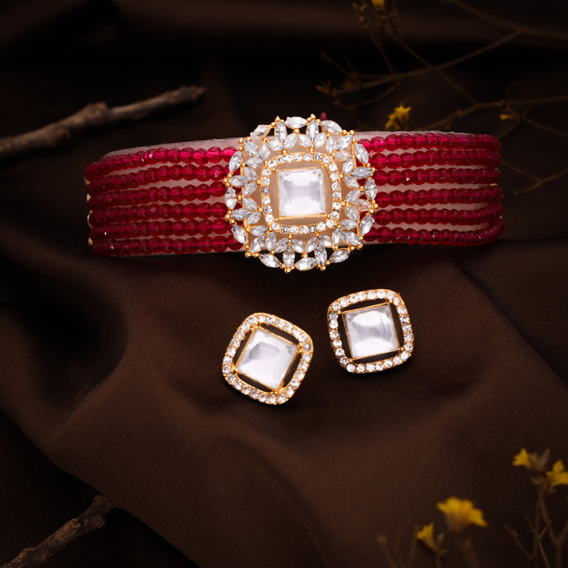 Tehzeeb Creations Brass Gold-Polished Gold, Red, White Jewel Set - Swadesiicart