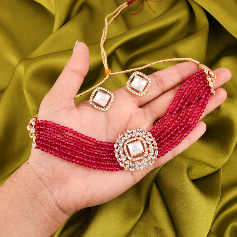 Tehzeeb Creations Brass Gold-Polished Gold, Red, White Jewel Set - Swadesiicart