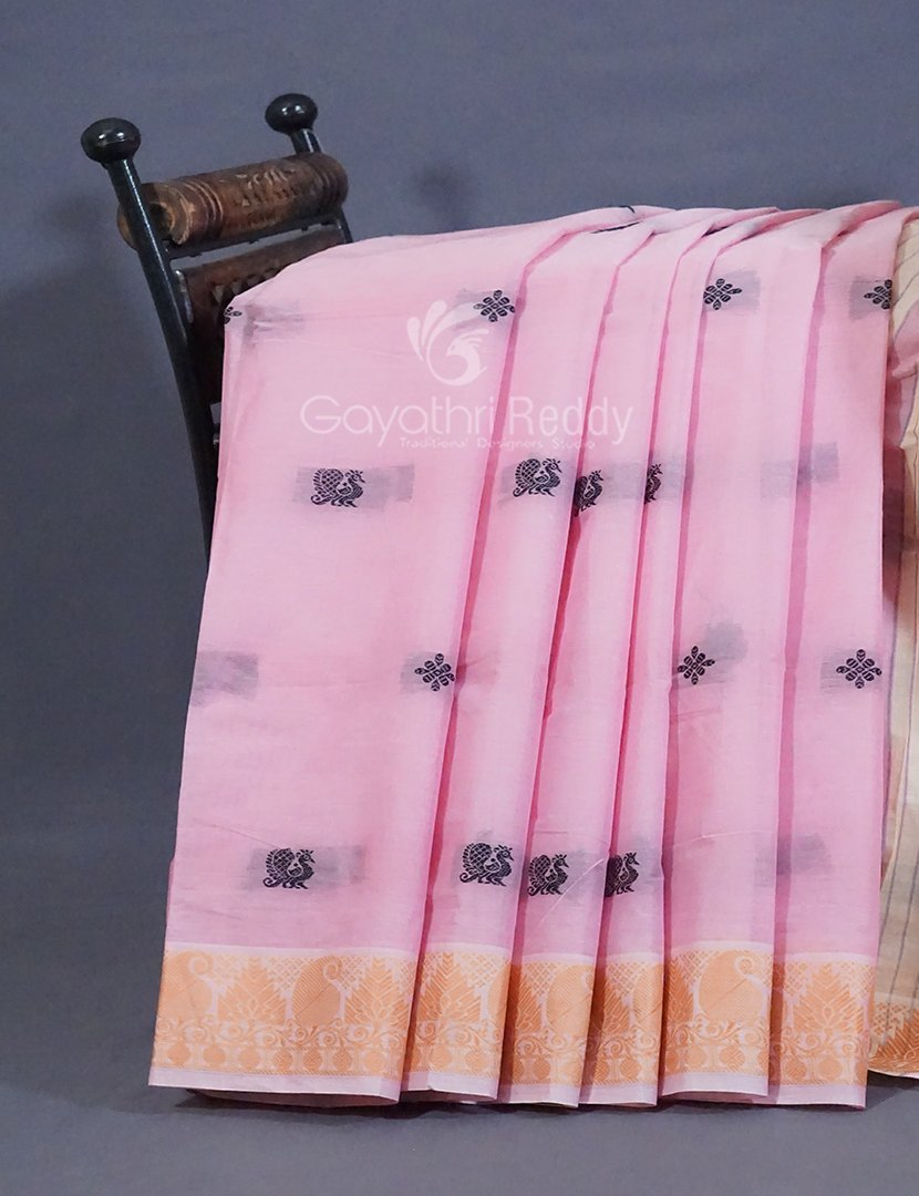 Kalanetha Shades of Baby Pink Pure Kanchi Cotton Saree With Kanchi Traditional Border By Gayathri Reddy Designer Studio | Swadesiicart