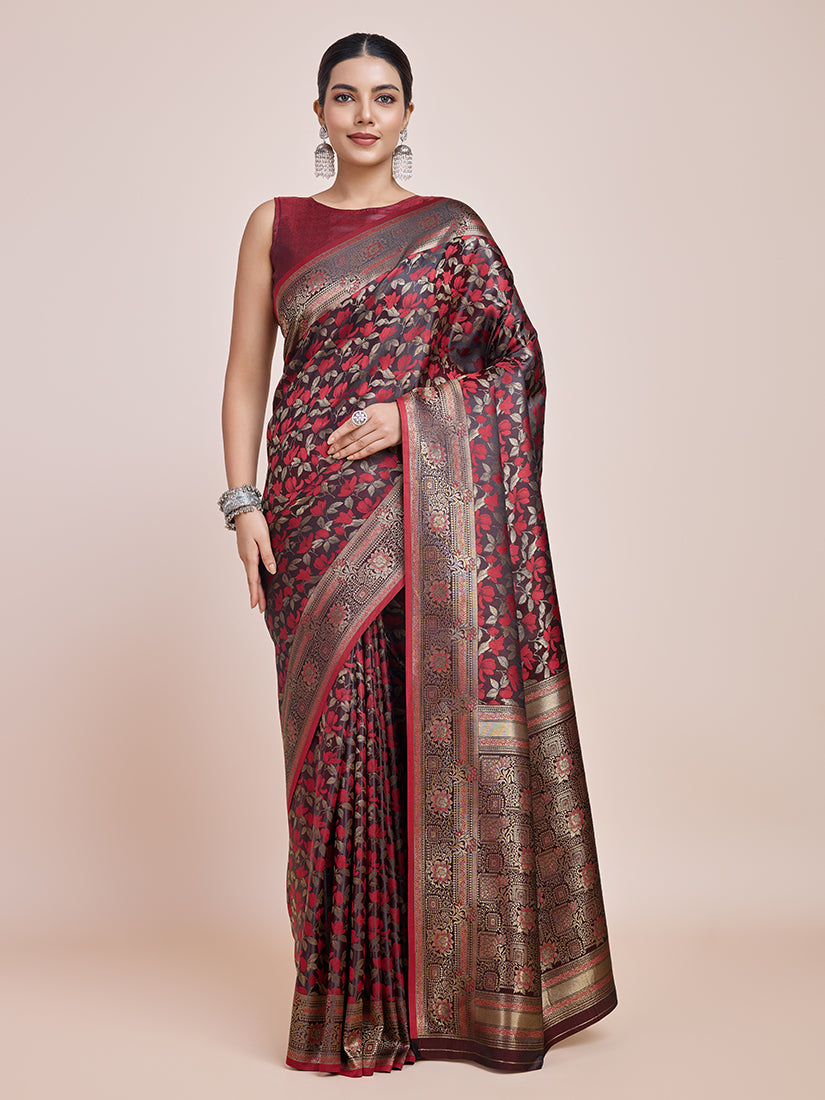 Monjolika Fashion Banarasi Satin Silk Maroon Weaving Designer Saree | Swadesiicart