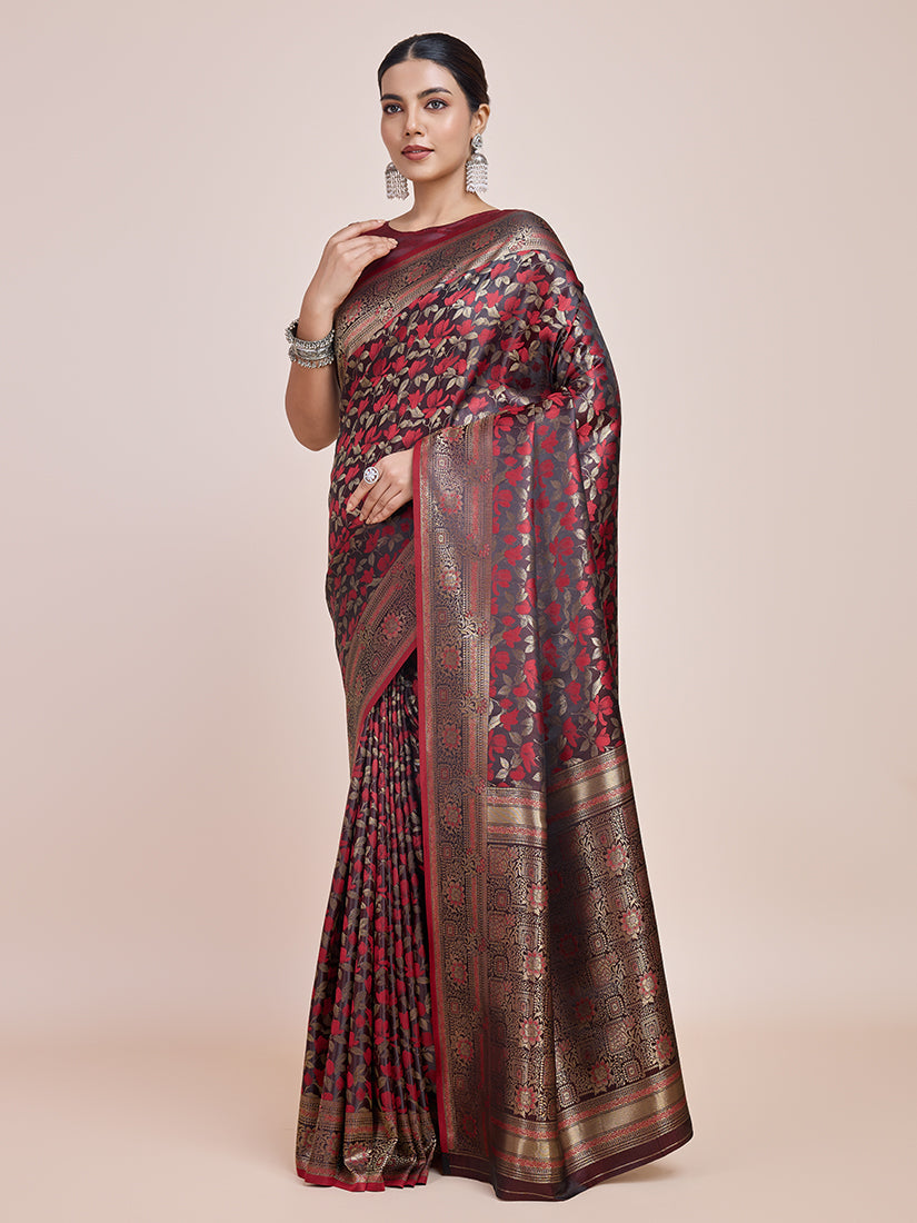 Monjolika Fashion Banarasi Satin Silk Maroon Weaving Designer Saree | Swadesiicart