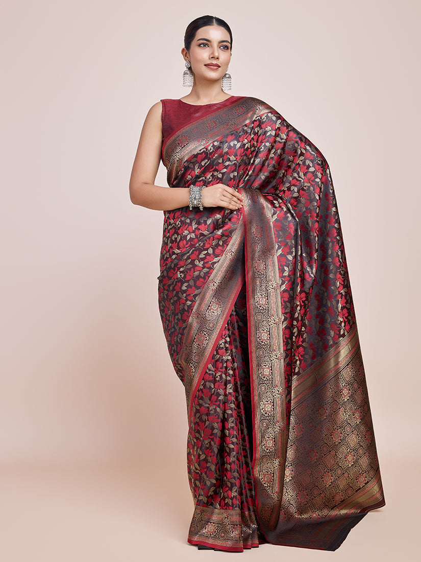 Monjolika Fashion Banarasi Satin Silk Maroon Weaving Designer Saree | Swadesiicart