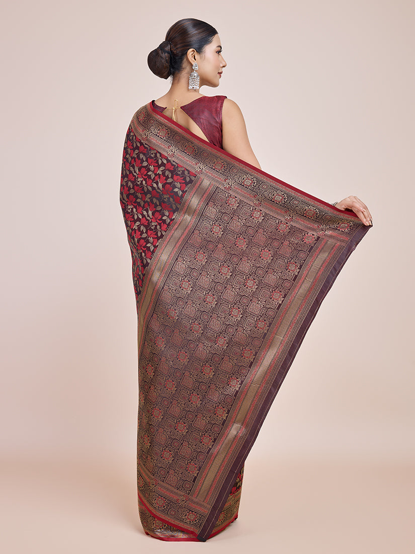 Monjolika Fashion Banarasi Satin Silk Maroon Weaving Designer Saree | Swadesiicart