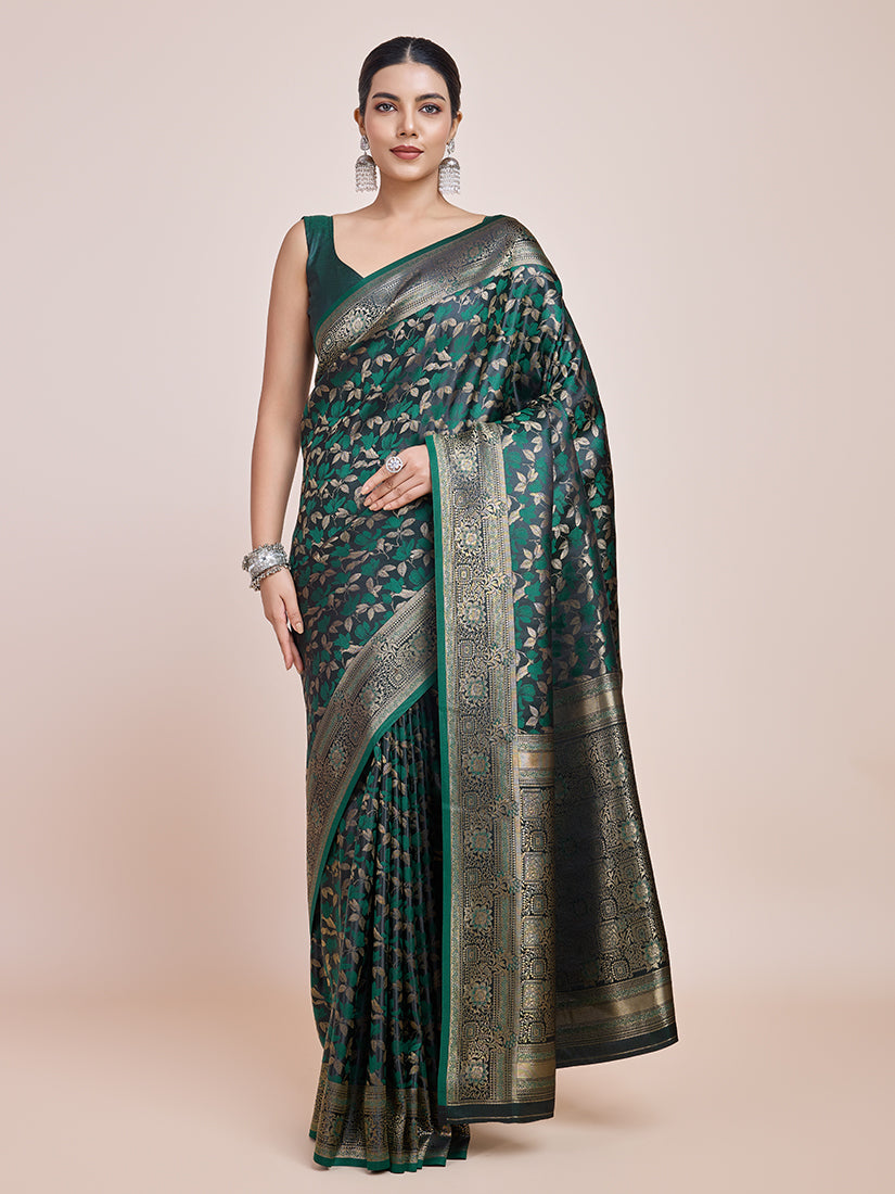 Monjolika Fashion Banarasi Satin Silk Dark Green Weaving Designer Saree | Swadesiicart