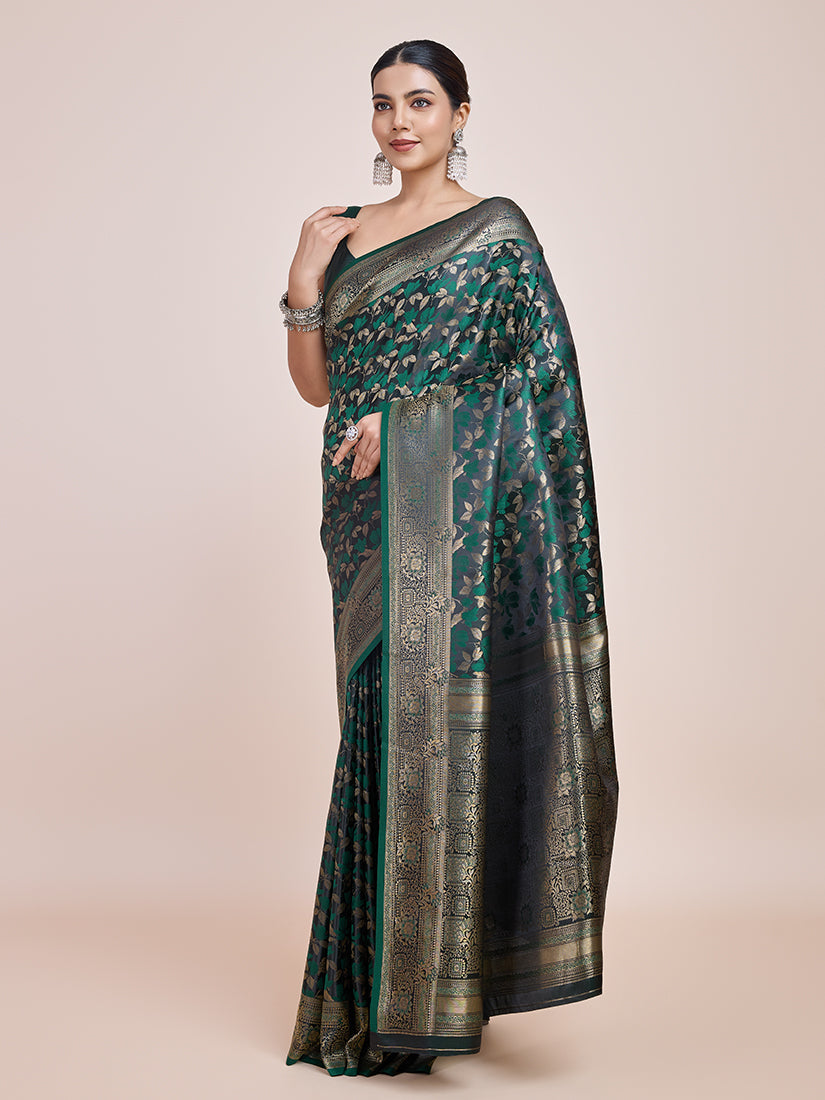 Monjolika Fashion Banarasi Satin Silk Dark Green Weaving Designer Saree | Swadesiicart