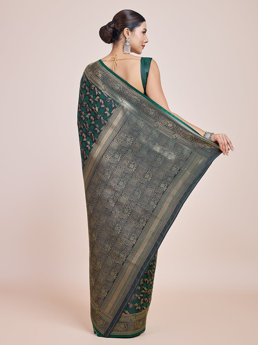 Monjolika Fashion Banarasi Satin Silk Dark Green Weaving Designer Saree | Swadesiicart