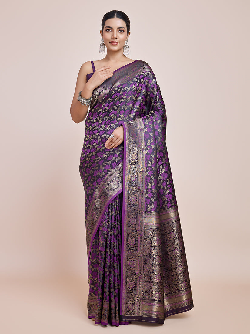Monjolika Fashion Banarasi Satin Silk Dark Purple Weaving Designer Saree | Swadesiicart