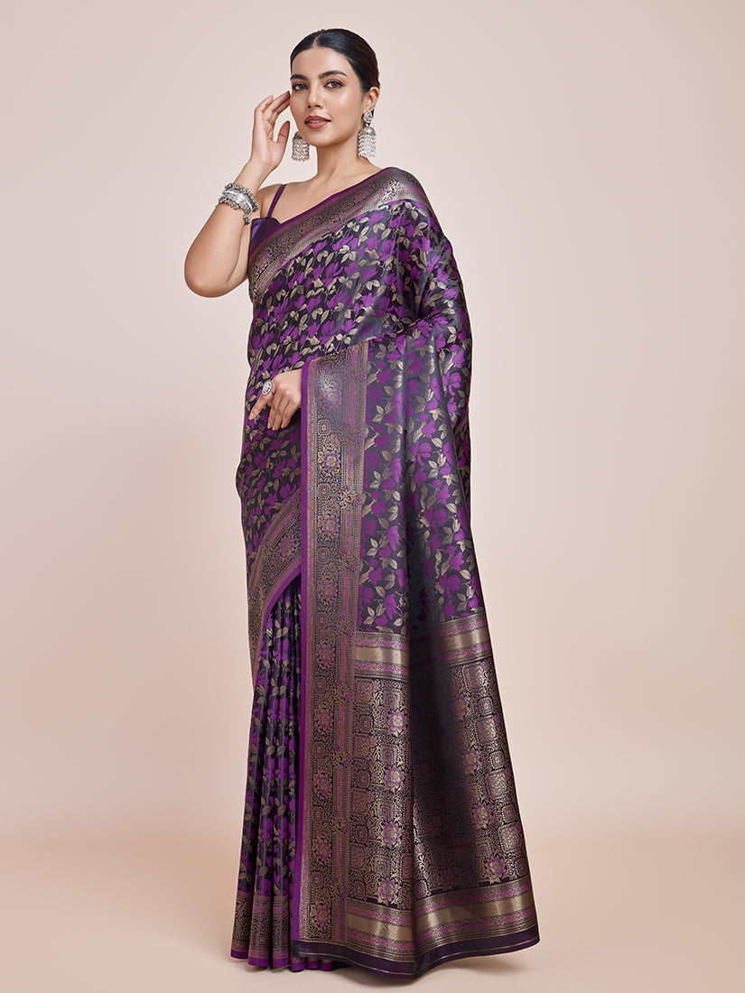 Monjolika Fashion Banarasi Satin Silk Dark Purple Weaving Designer Saree | Swadesiicart