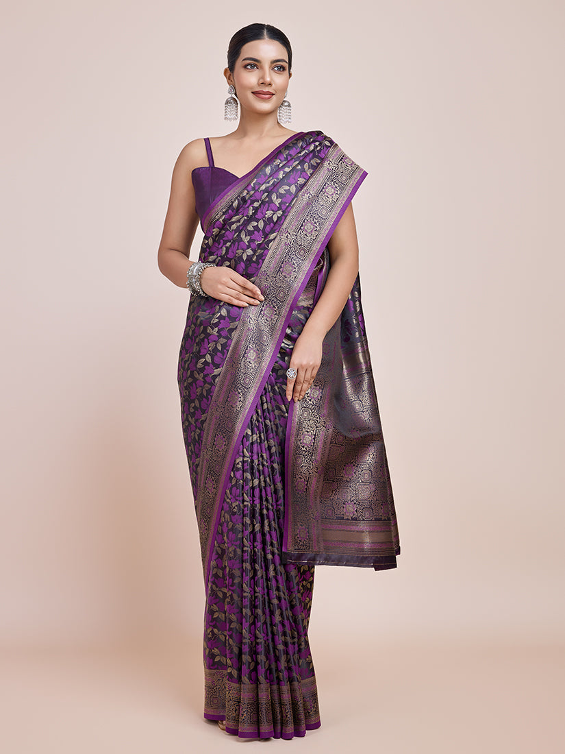 Monjolika Fashion Banarasi Satin Silk Dark Purple Weaving Designer Saree | Swadesiicart