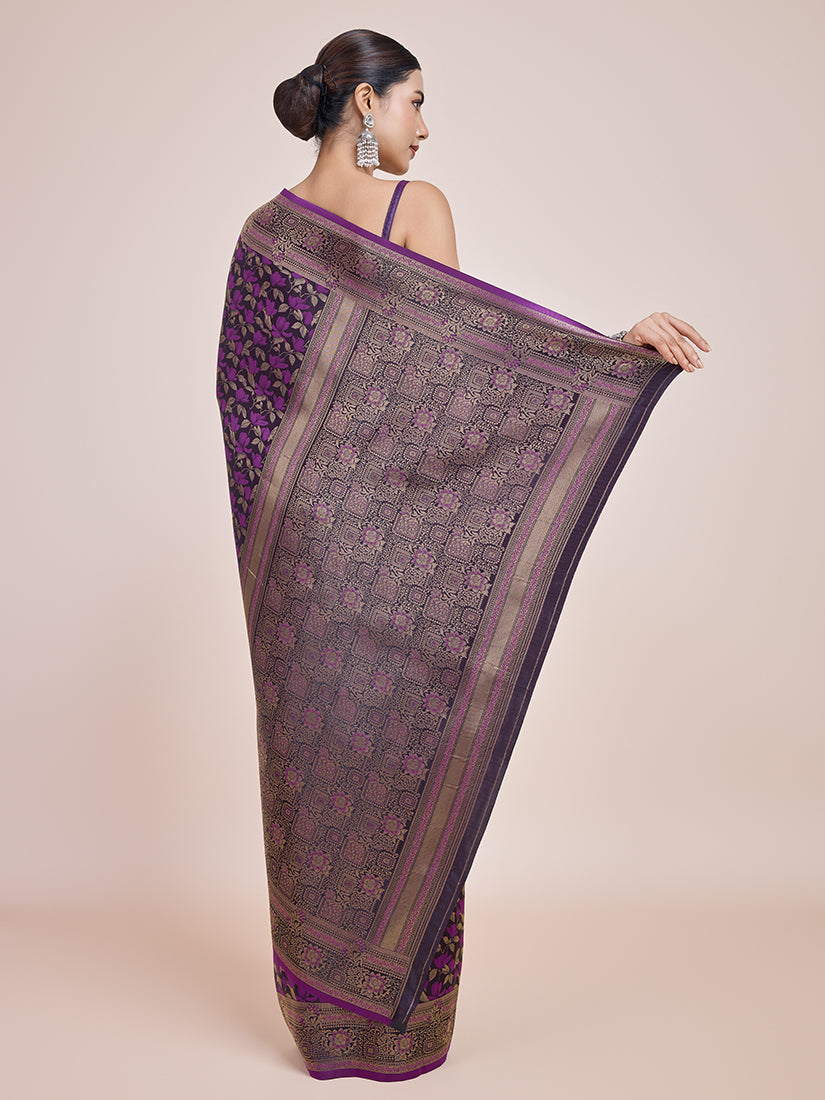 Monjolika Fashion Banarasi Satin Silk Dark Purple Weaving Designer Saree | Swadesiicart