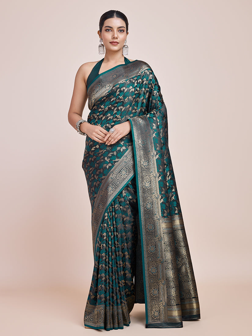 Monjolika Fashion Banarasi Satin Silk Dark Teal Weaving Designer Saree | Swadesiicart