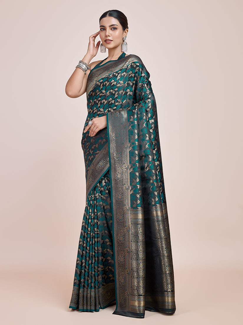 Monjolika Fashion Banarasi Satin Silk Dark Teal Weaving Designer Saree | Swadesiicart