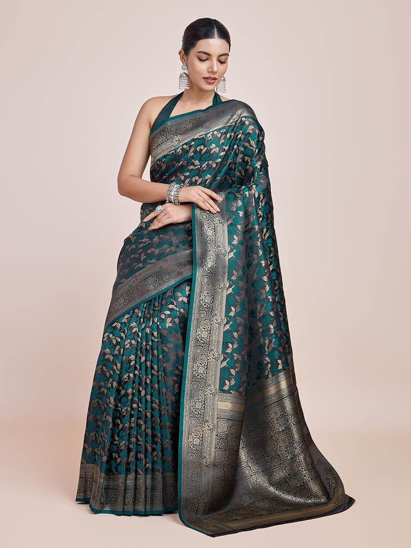 Monjolika Fashion Banarasi Satin Silk Dark Teal Weaving Designer Saree | Swadesiicart