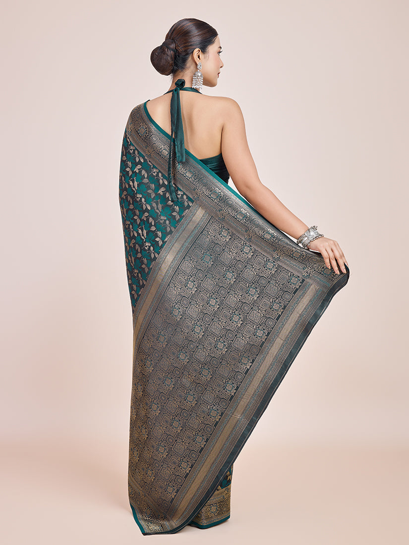 Monjolika Fashion Banarasi Satin Silk Dark Teal Weaving Designer Saree | Swadesiicart