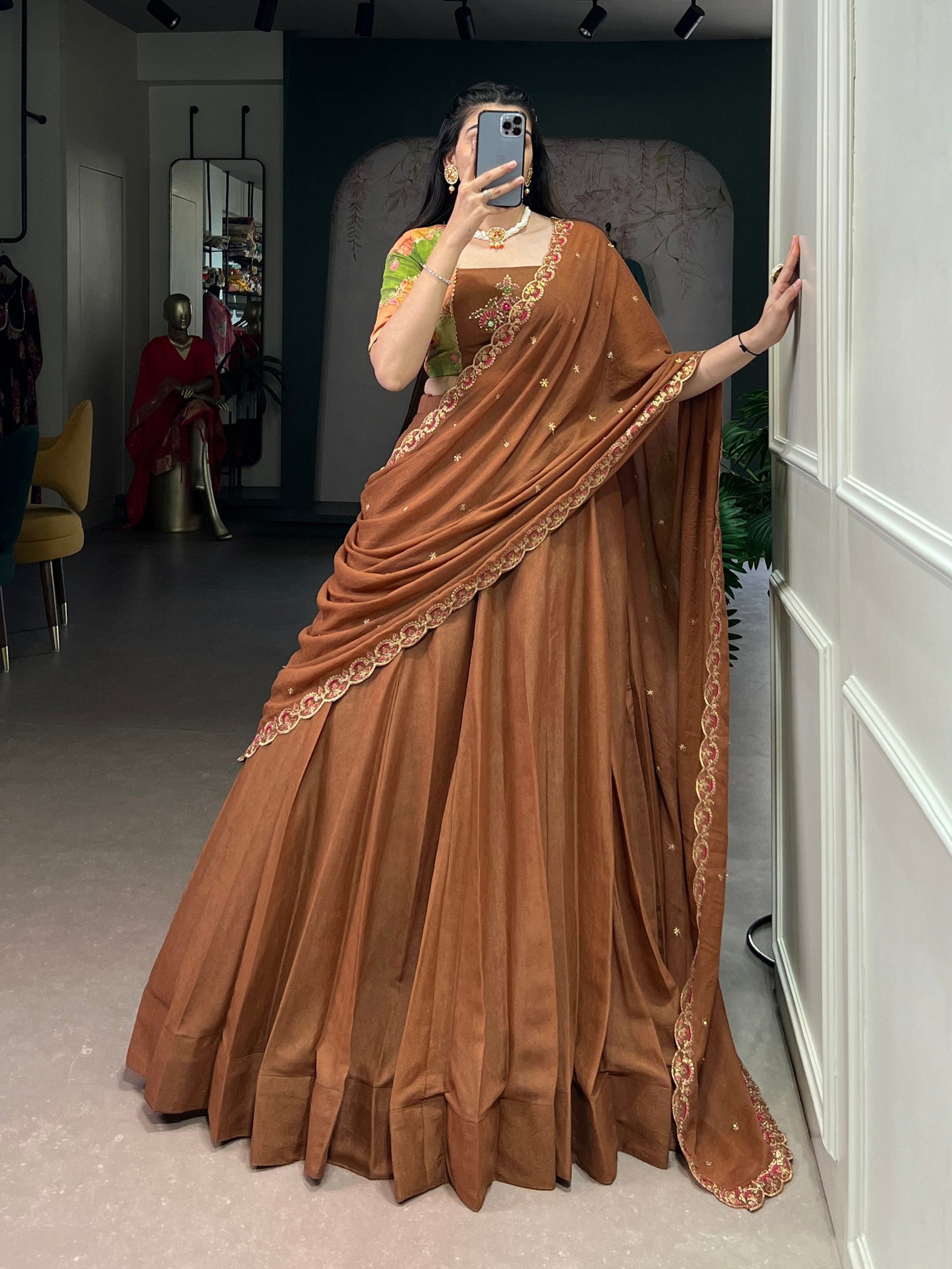 Lorenvalley Fashion Brown Crushed Silk Plain Lehenga Choli with Dupatta - Swadesiicart