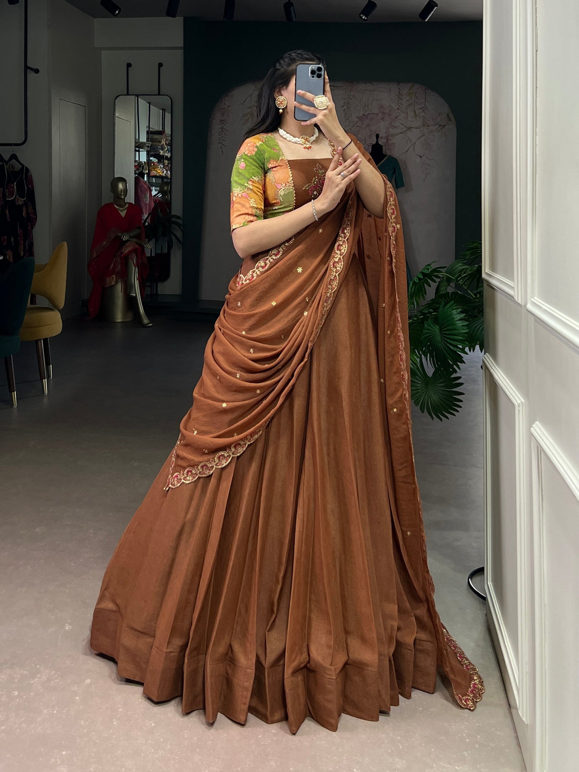 Lorenvalley Fashion Brown Crushed Silk Plain Lehenga Choli with Dupatta - Swadesiicart
