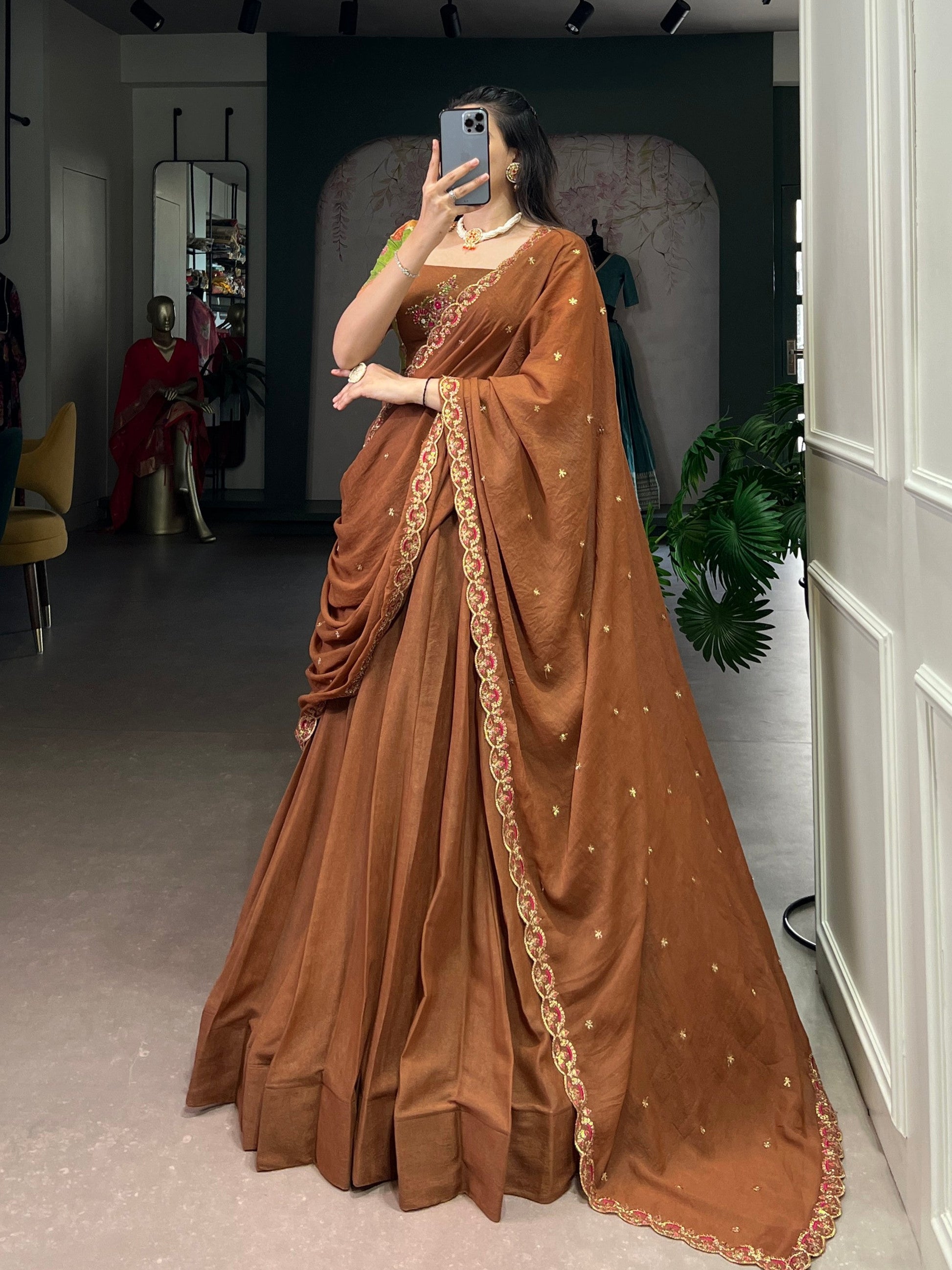 Lorenvalley Fashion Brown Crushed Silk Plain Lehenga Choli with Dupatta - Swadesiicart