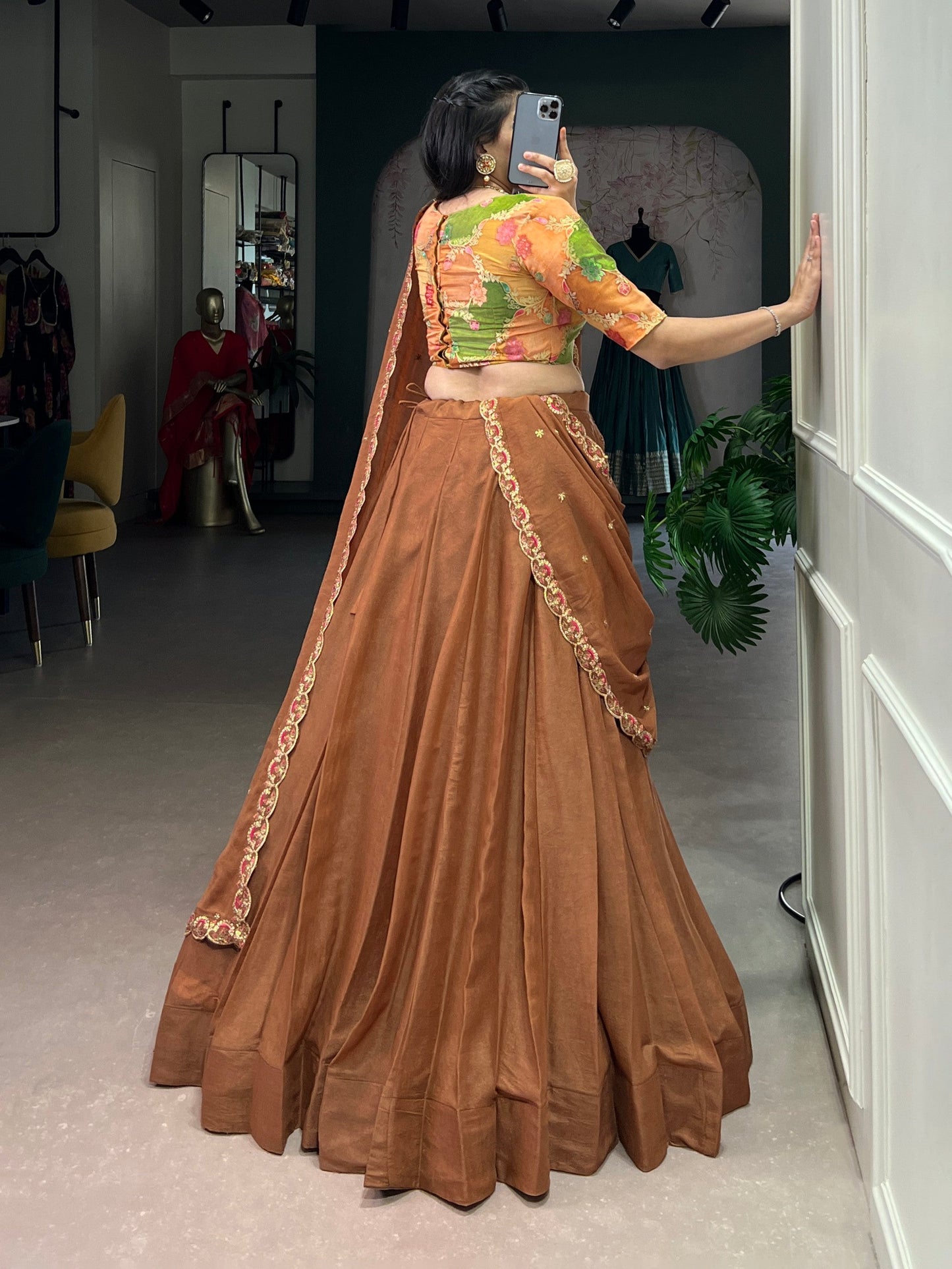 Lorenvalley Fashion Brown Crushed Silk Plain Lehenga Choli with Dupatta - Swadesiicart