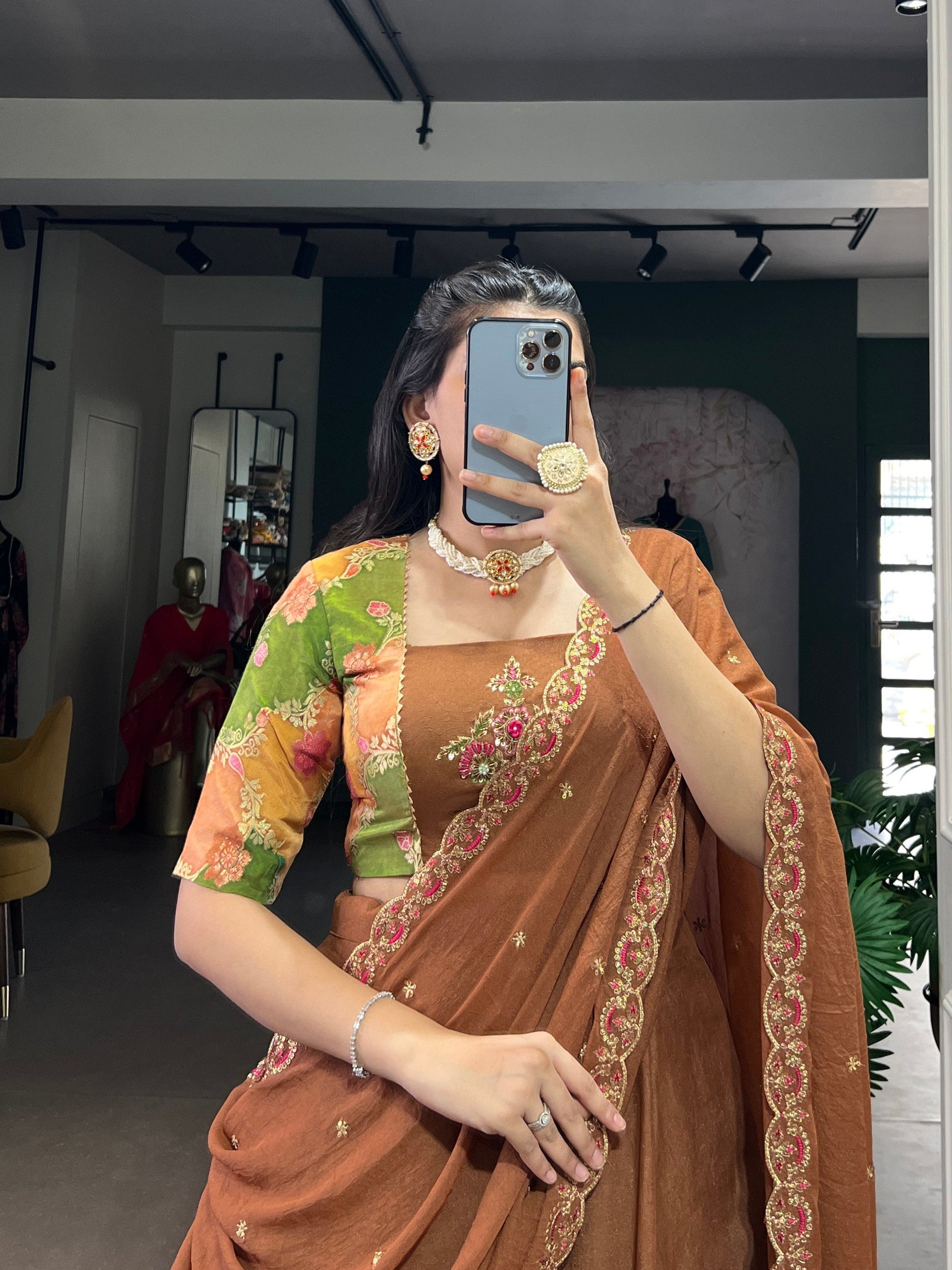 Lorenvalley Fashion Brown Crushed Silk Plain Lehenga Choli with Dupatta - Swadesiicart