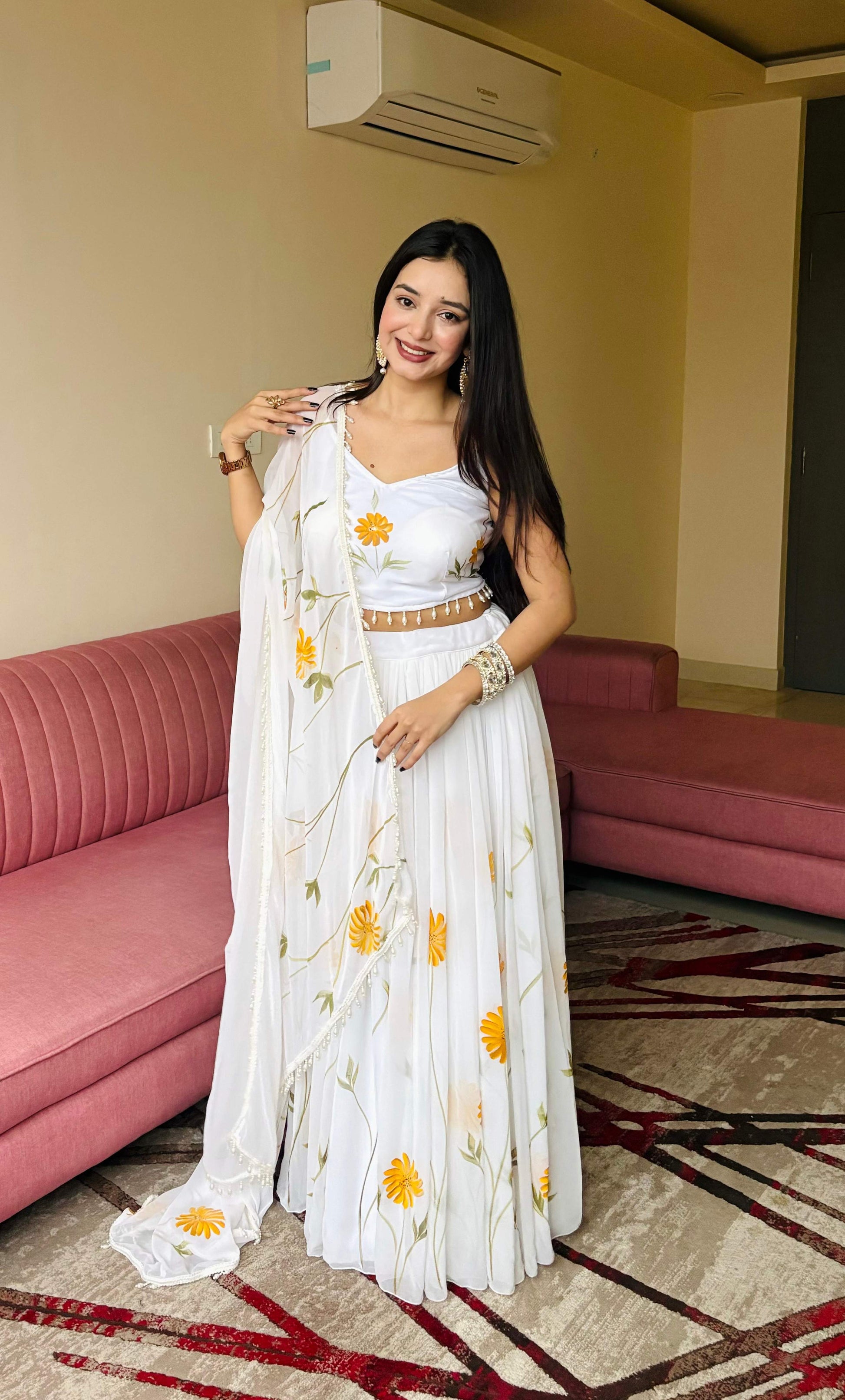 Lorenvalley Fashion White Organza with Hand-painted Floral Design Lehenga Choli with Dupatta - Swadesiicart