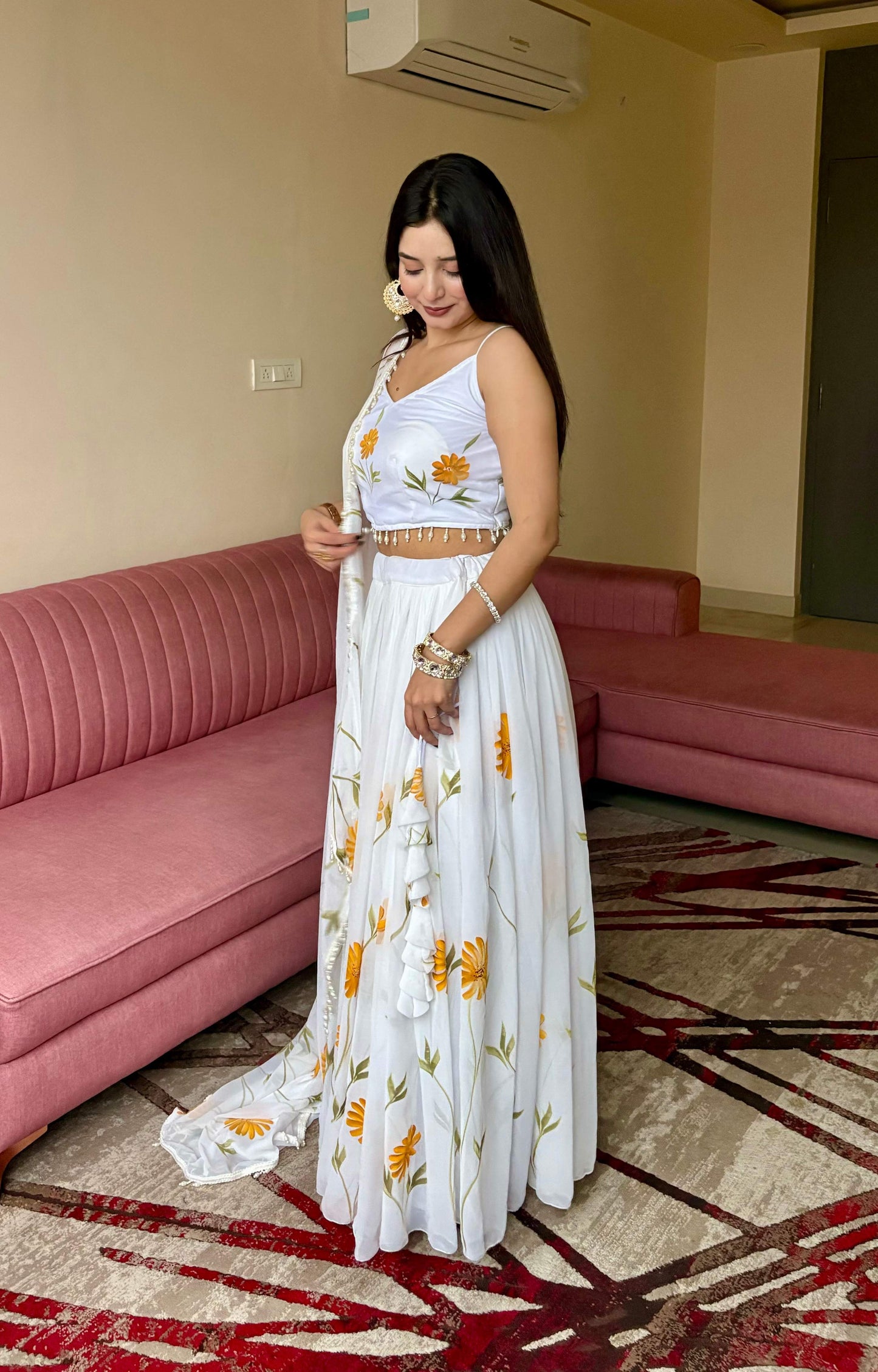 Lorenvalley Fashion White Organza with Hand-painted Floral Design Lehenga Choli with Dupatta - Swadesiicart