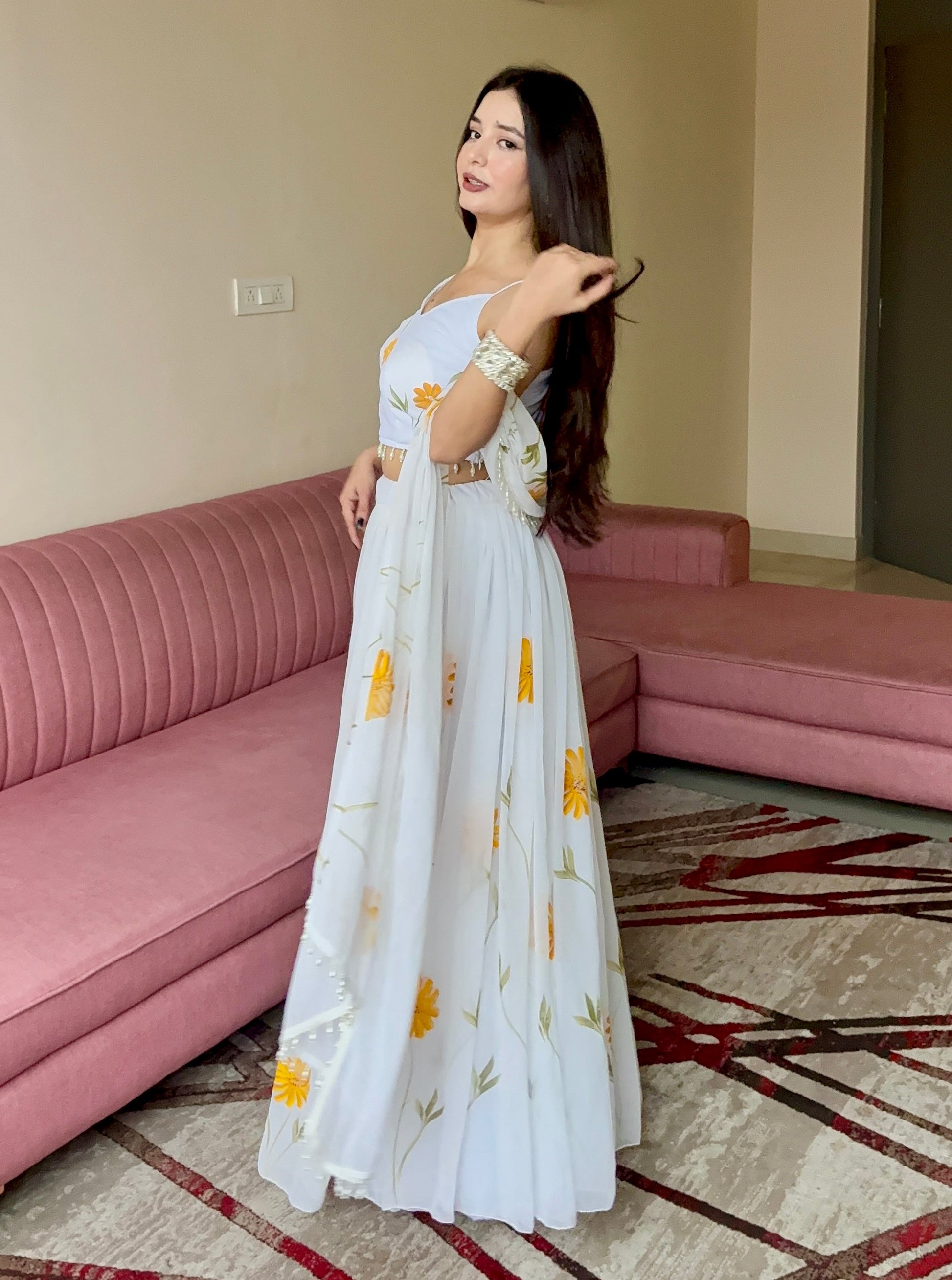 Lorenvalley Fashion White Organza with Hand-painted Floral Design Lehenga Choli with Dupatta - Swadesiicart