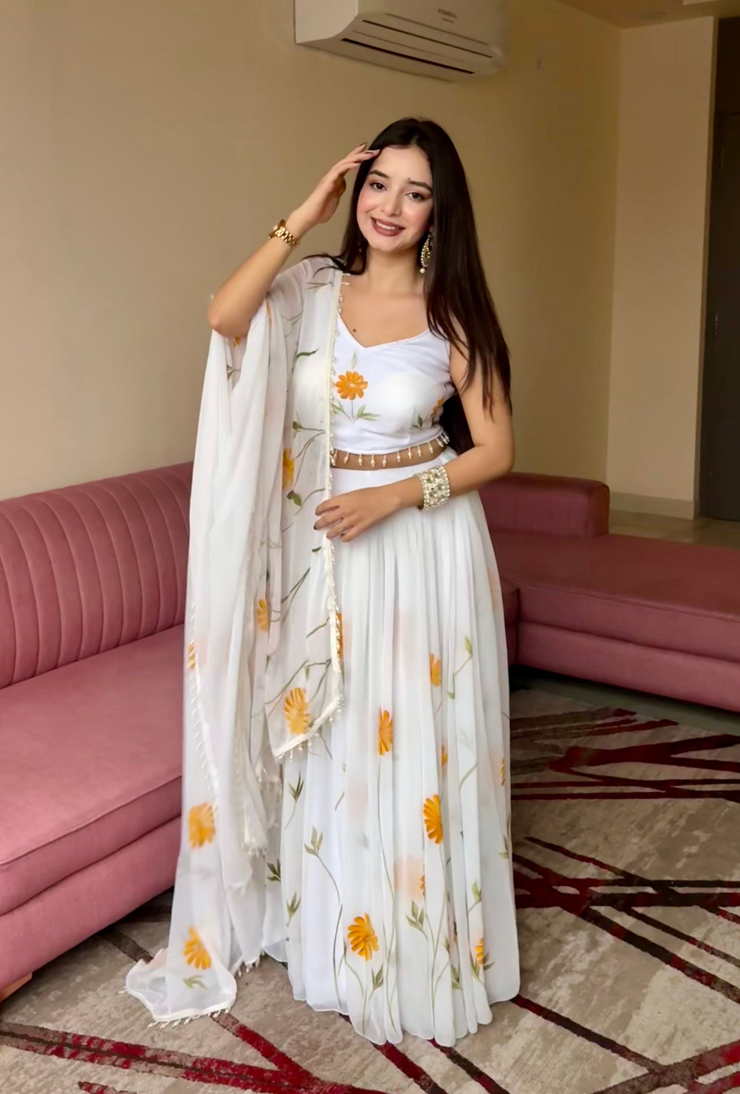 Lorenvalley Fashion White Organza with Hand-painted Floral Design Lehenga Choli with Dupatta - Swadesiicart