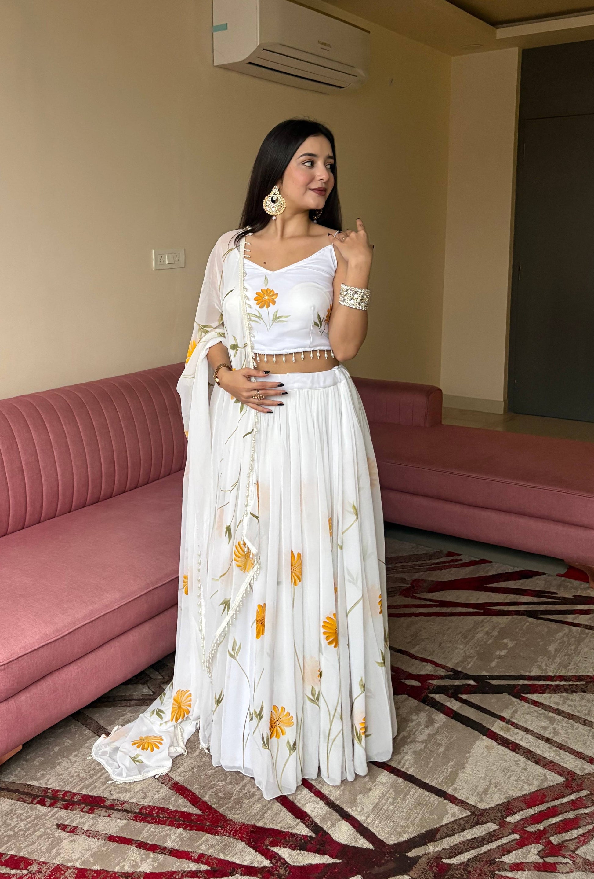 Lorenvalley Fashion White Organza with Hand-painted Floral Design Lehenga Choli with Dupatta - Swadesiicart