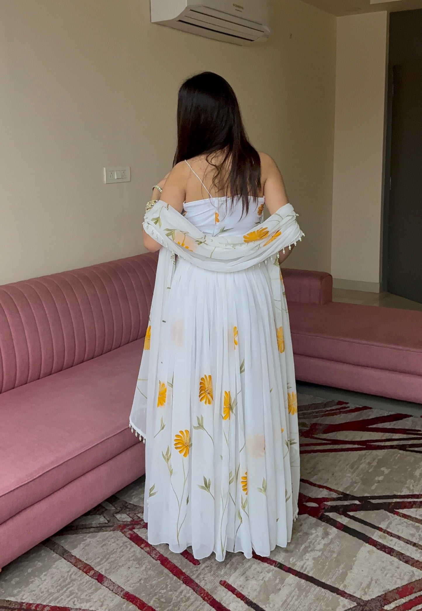 Lorenvalley Fashion White Organza with Hand-painted Floral Design Lehenga Choli with Dupatta - Swadesiicart