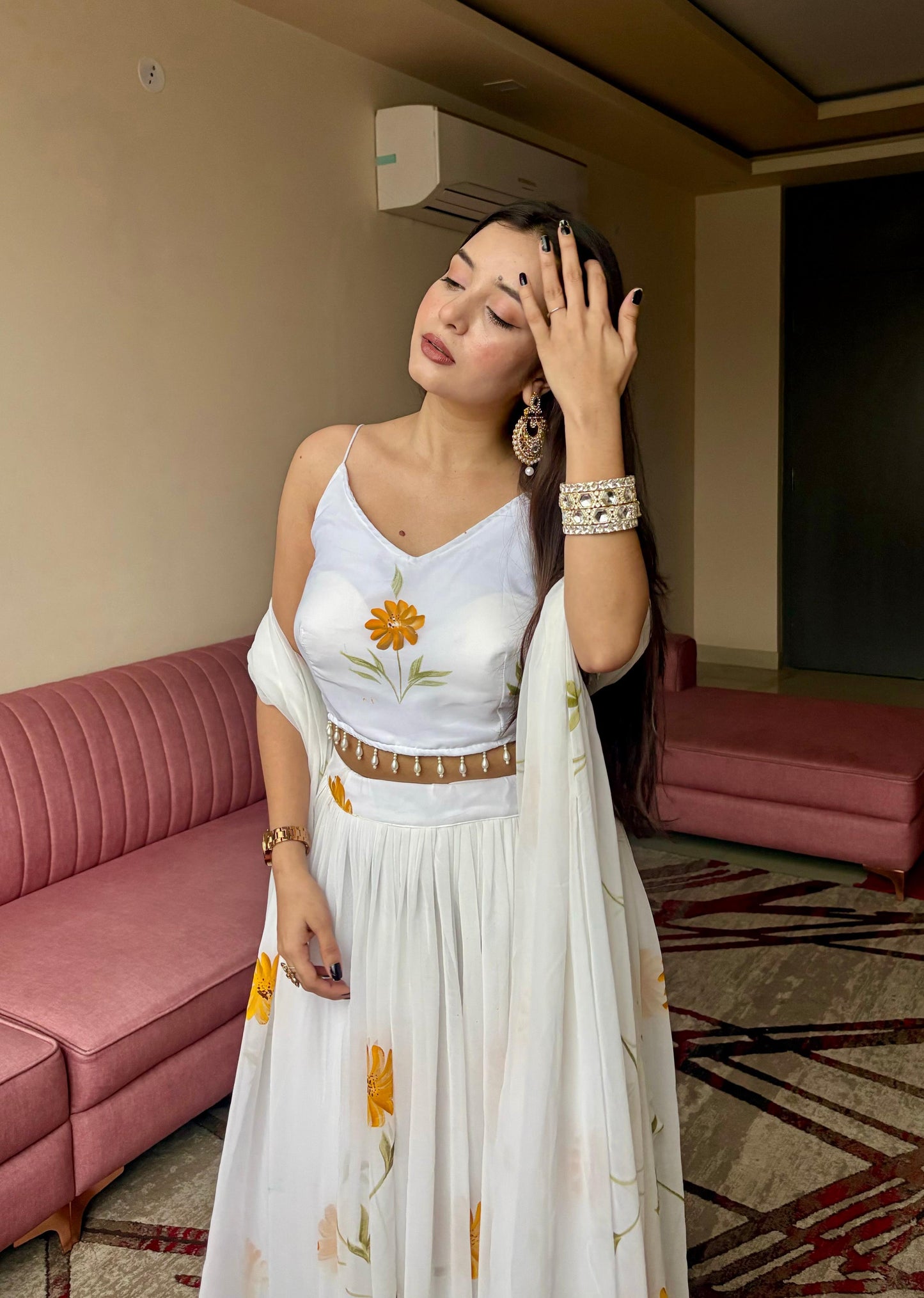 Lorenvalley Fashion White Organza with Hand-painted Floral Design Lehenga Choli with Dupatta - Swadesiicart