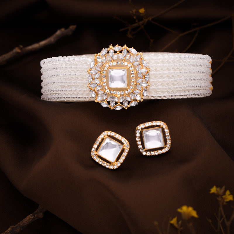 Tehzeeb Creations Brass Gold-Polished Gold, White, White Jewel Set - Swadesiicart