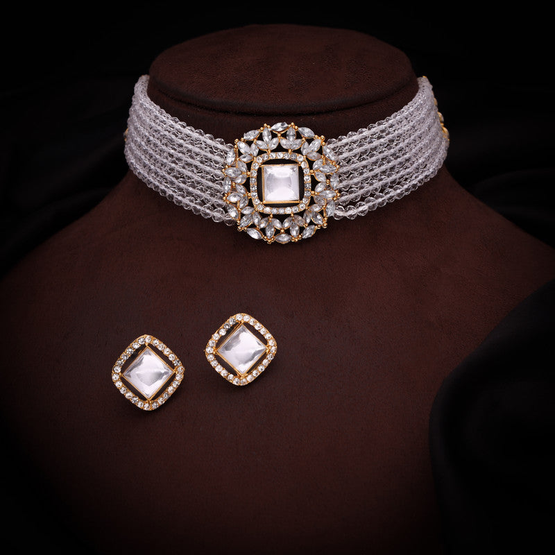 Tehzeeb Creations Brass Gold-Polished Gold, White, White Jewel Set - Swadesiicart