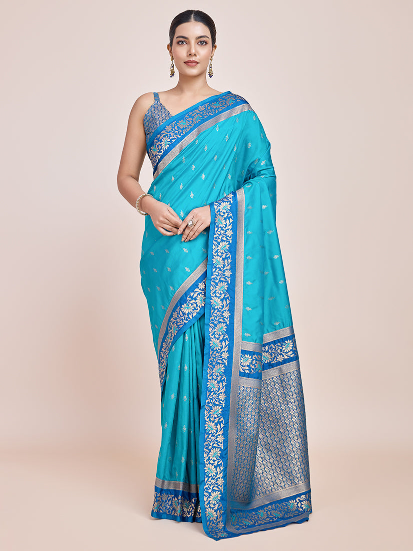 Monjolika Fashion Sky Blue Banarasi Silk In Satin Is Classy Embellished With Golden Zari Work Saree | Swadesiicart