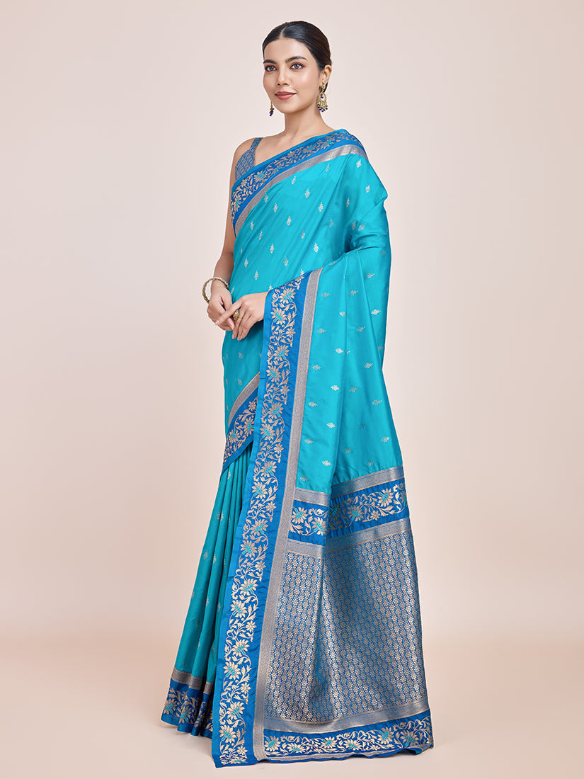Monjolika Fashion Sky Blue Banarasi Silk In Satin Is Classy Embellished With Golden Zari Work Saree | Swadesiicart