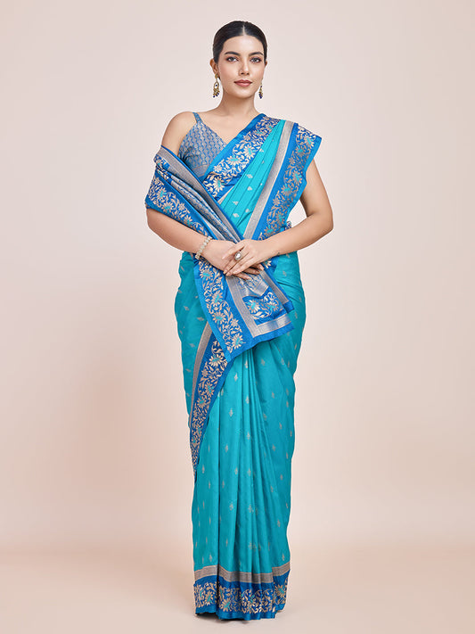 Monjolika Fashion Sky Blue Banarasi Silk In Satin Is Classy Embellished With Golden Zari Work Saree | Swadesiicart
