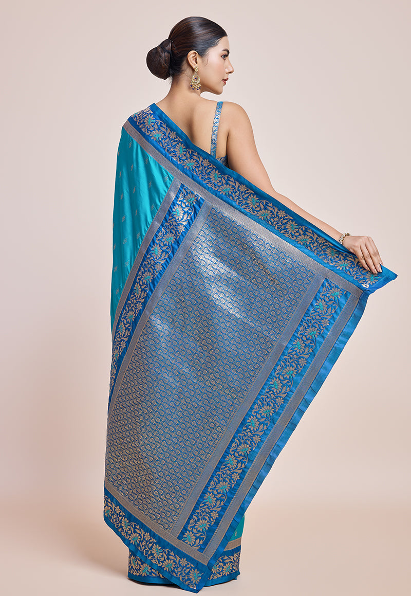 Monjolika Fashion Sky Blue Banarasi Silk In Satin Is Classy Embellished With Golden Zari Work Saree | Swadesiicart