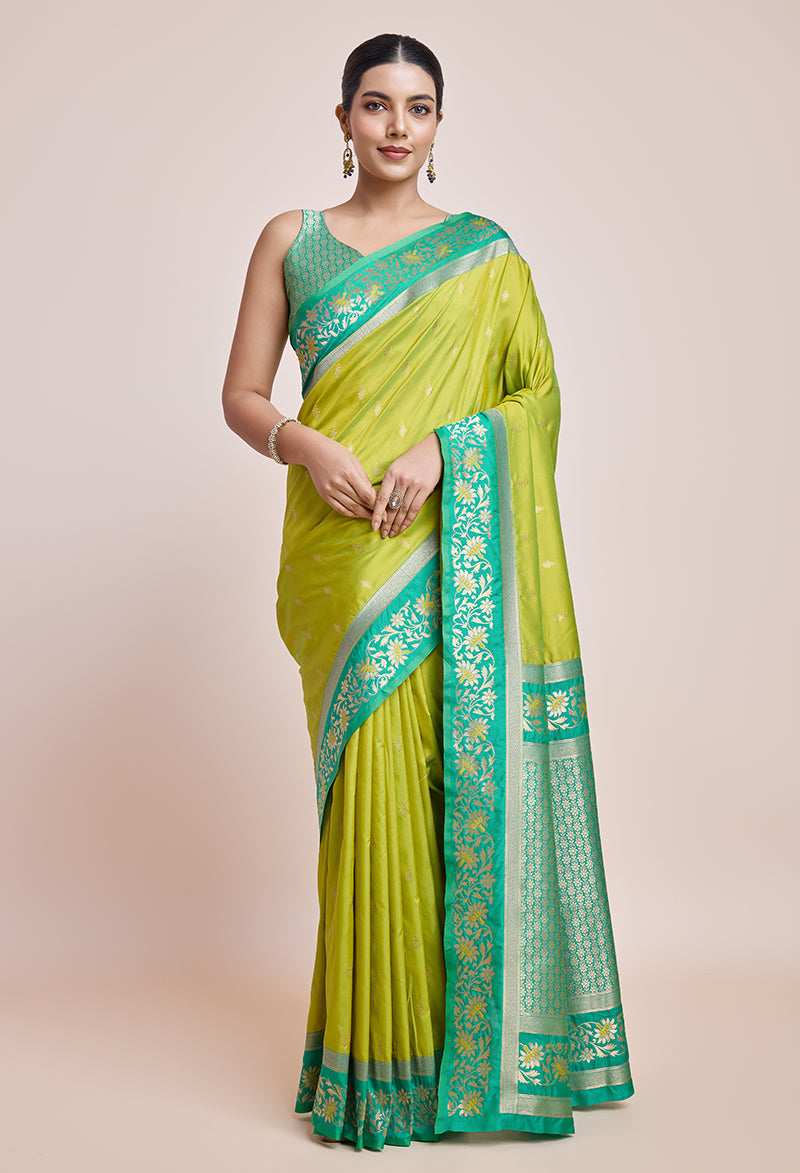 Monjolika Fashion Parrot Green Banarasi Silk In Satin Is Classy Embellished With Golden Zari Work Saree | Swadesiicart