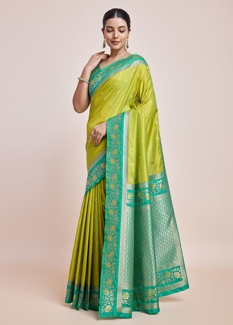 Monjolika Fashion Parrot Green Banarasi Silk In Satin Is Classy Embellished With Golden Zari Work Saree | Swadesiicart