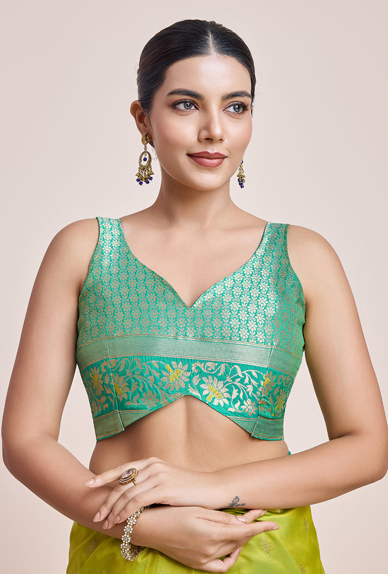 Monjolika Fashion Parrot Green Banarasi Silk In Satin Is Classy Embellished With Golden Zari Work Saree | Swadesiicart